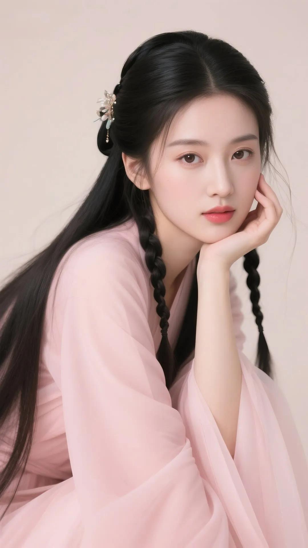 温柔粉裙少女，黑发编辫，恬静优雅，仿佛来自古代的仙子。