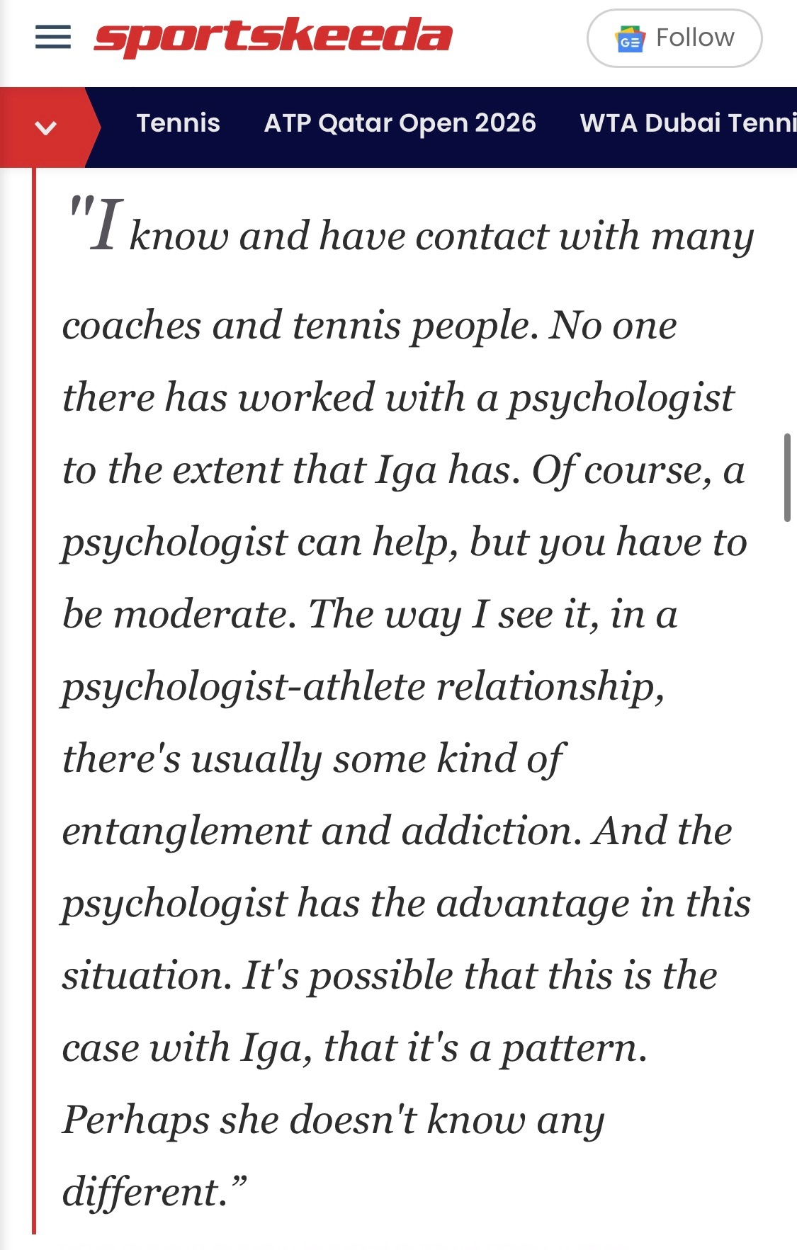 越来越多迹象显示，斯瓦泰克最近一年多来的状态低谷，与自从2020年起就一直陪伴她