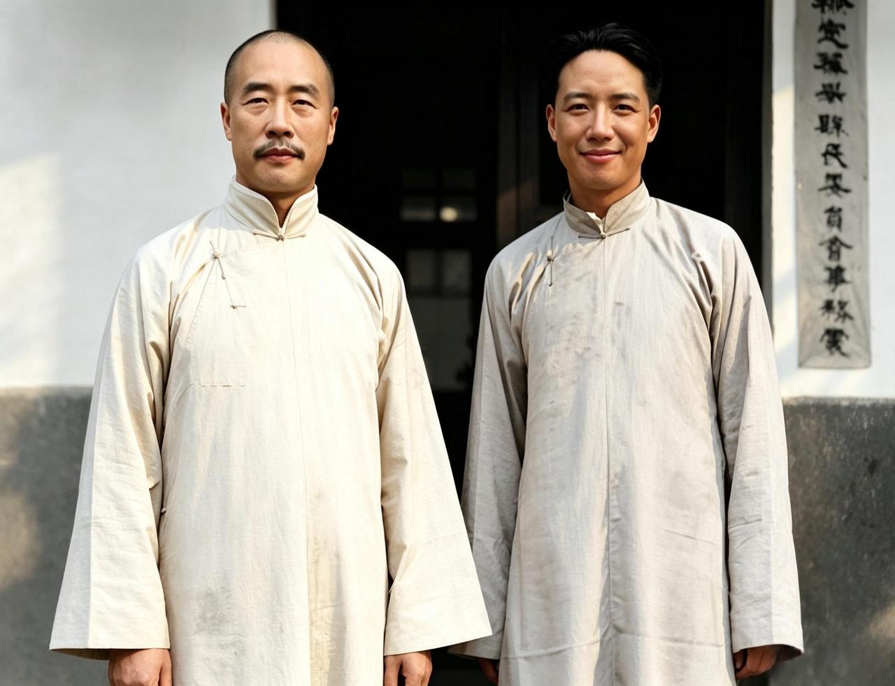 这两名身穿长衫的男子中有一位是被后人误认为文盲的韩复榘。实际上，韩复榘不仅不是文