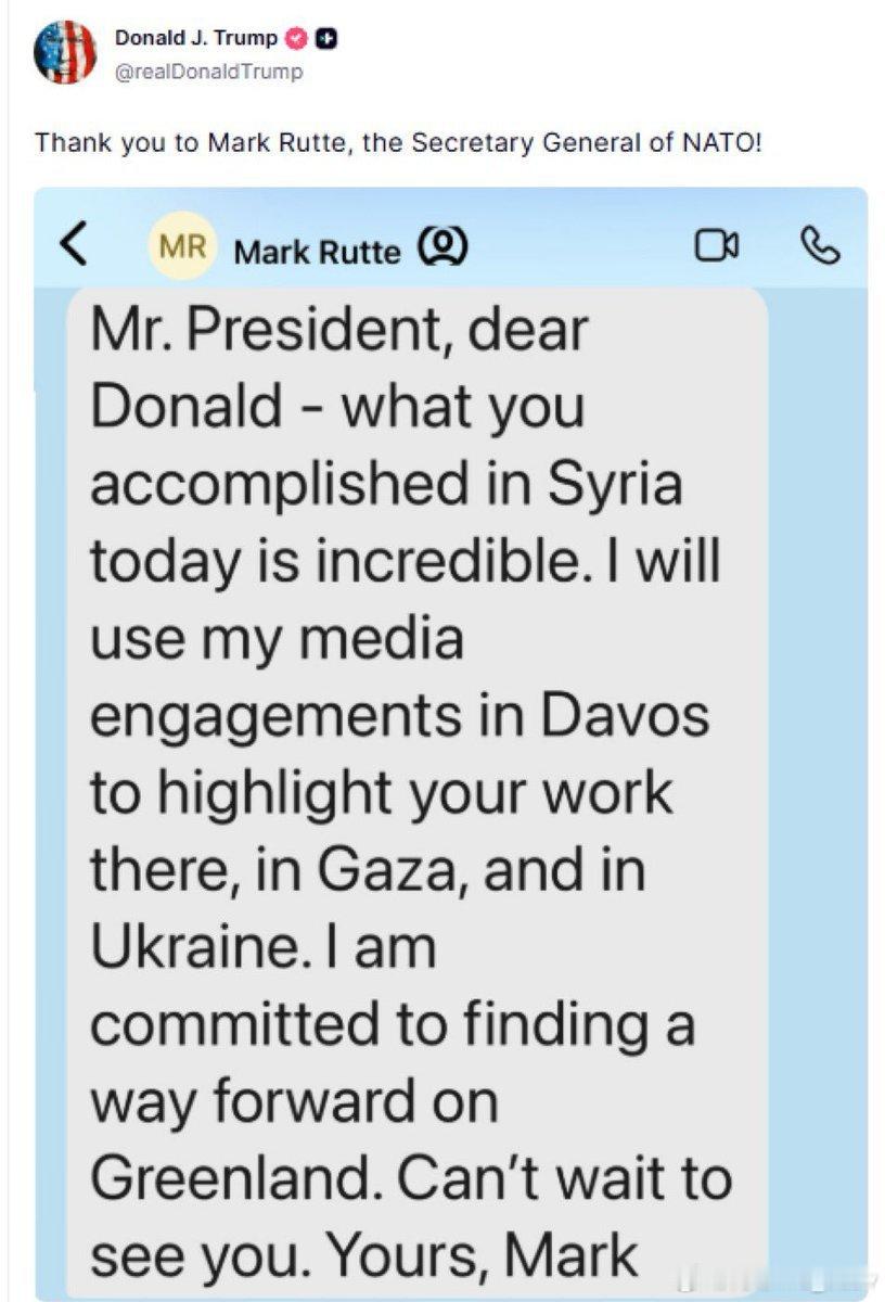 特朗普公布了另一条短信，这次是北约秘书长马克·吕特发来的：总统先生，亲爱的唐纳德