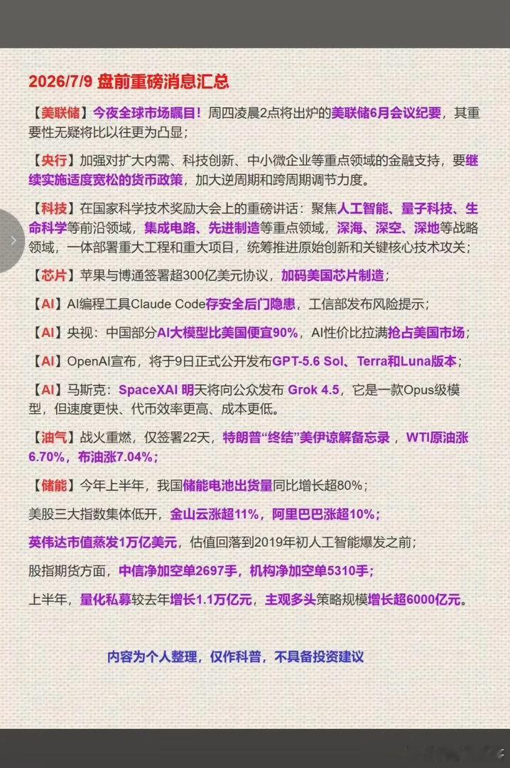 7.09周四  盘前：财经消息汇总！1.美联储会议纪要2.科学技术奖励大会3.储