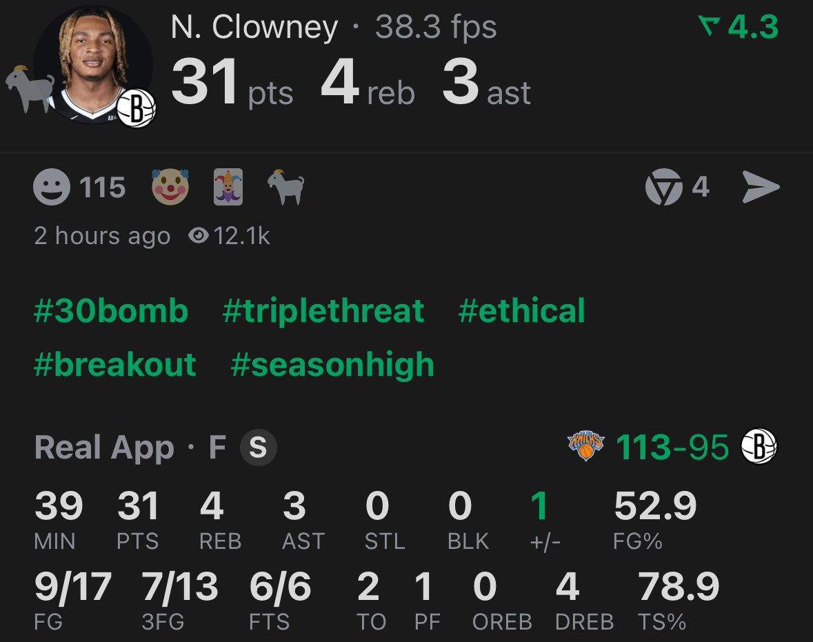 克劳尼31分，命中7记三分，两项均创造生涯新高！过去11场比赛他10次上双，场均