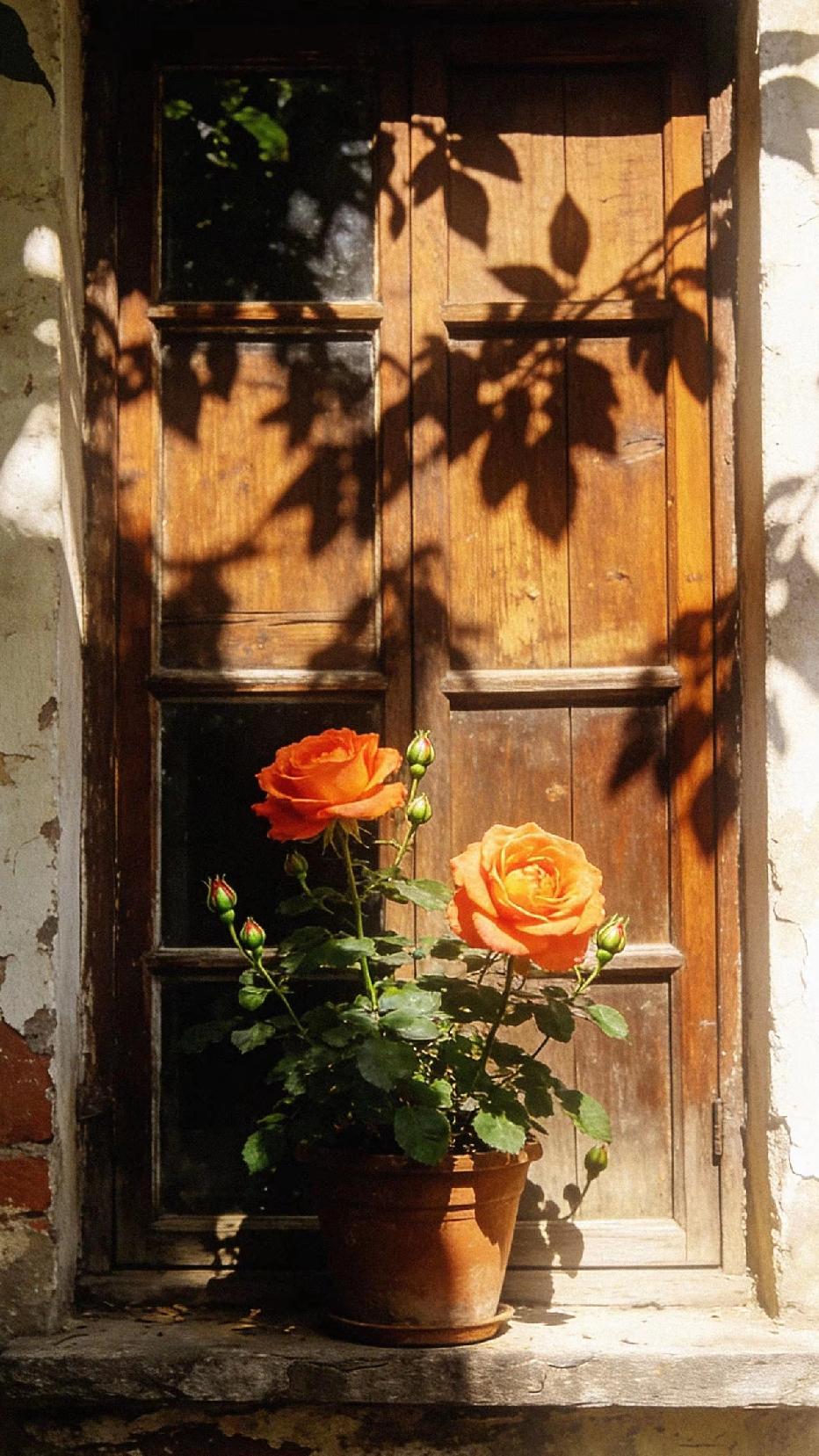 多少的时光，如同这月季花，端坐在门前。
残破的砖墙，旧木门，绿苔像隔年的脚步。树