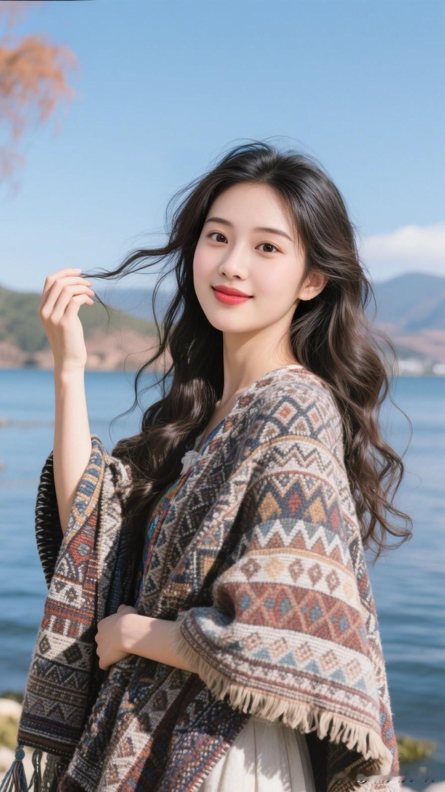 山高水长，美女如画。你认为最有气质的美女是谁？ 在湖边享受美好时光，披上民族风披