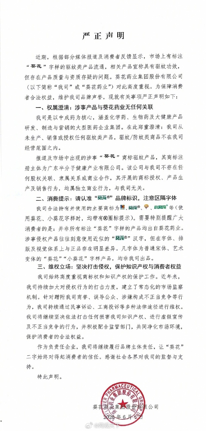 葵花药业从未经营任何驱蚊产品葵花药业提醒消费者认准商标 6月2日，葵花药业发布严