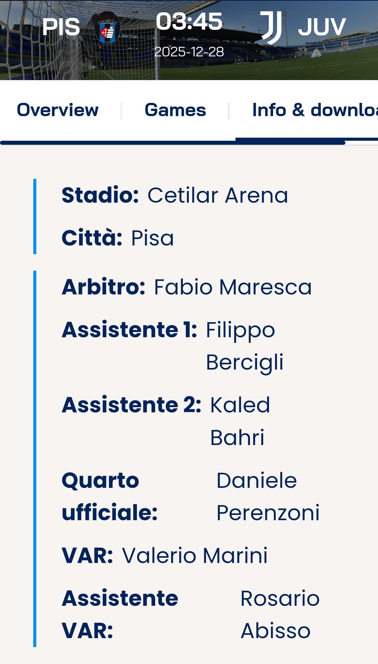 第17轮周日03:45尤文图斯客场对阵比萨。
主裁判:马雷斯卡
VAR裁判:马里