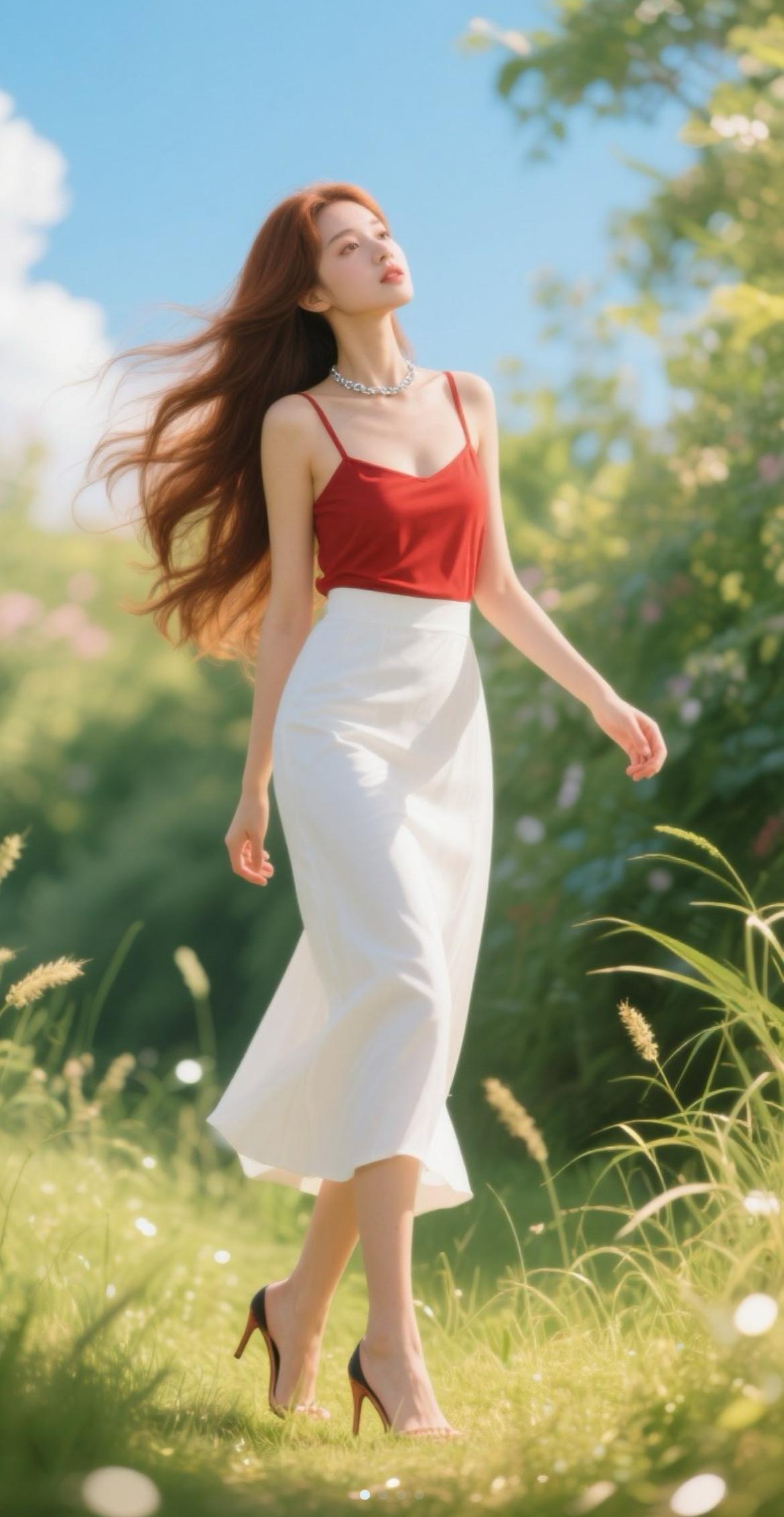 夏日清新穿搭，红裙白裙，漫步在花海中，感受自然的美好。高跟白裙穿搭 红裙穿搭指南