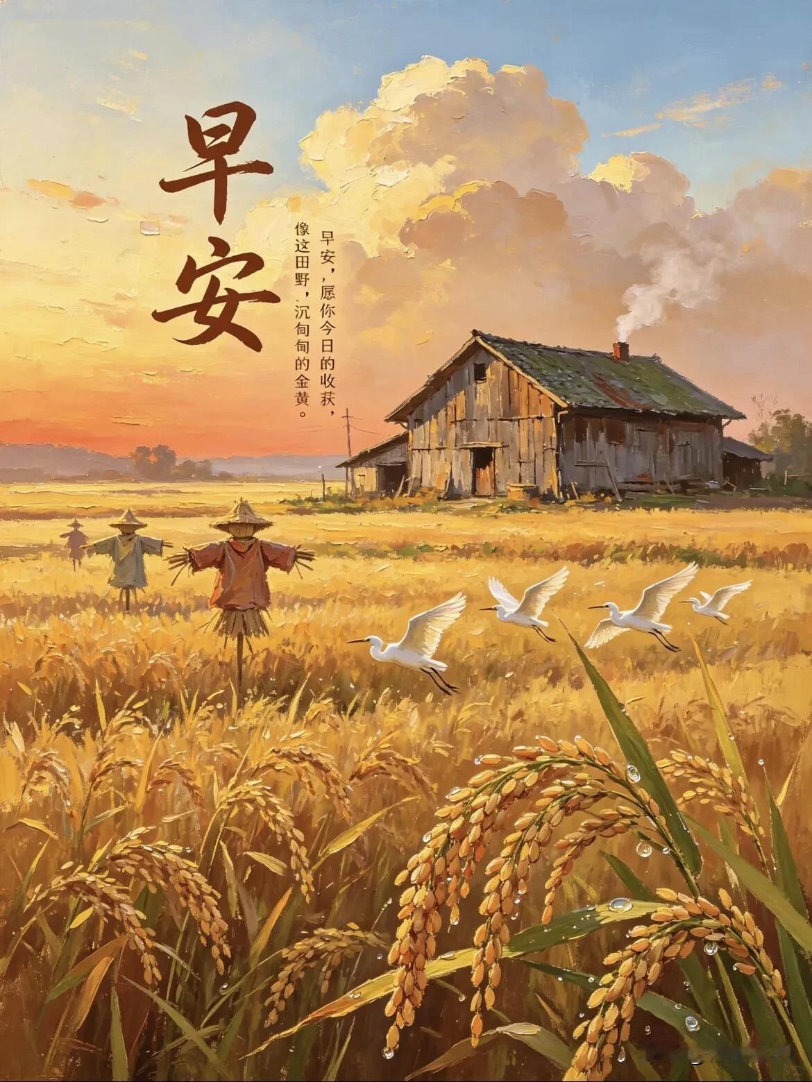 田野风翻金稻熟，平川尽是丰收香。早安！
金秋稻浪飘香，愿日子丰盈，岁岁安康。