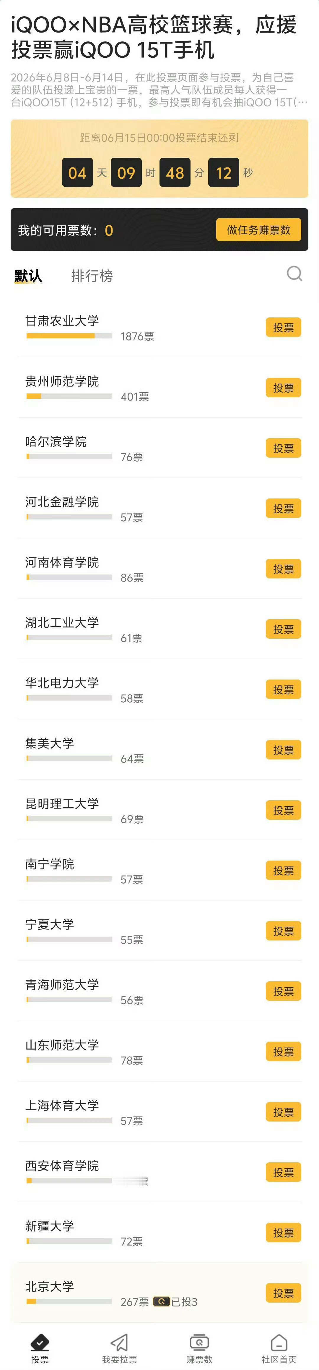 iQOOxNBA高校篮球赛你们都给哪支球队投票了！赶紧来投票，到时候看看谁是冠军