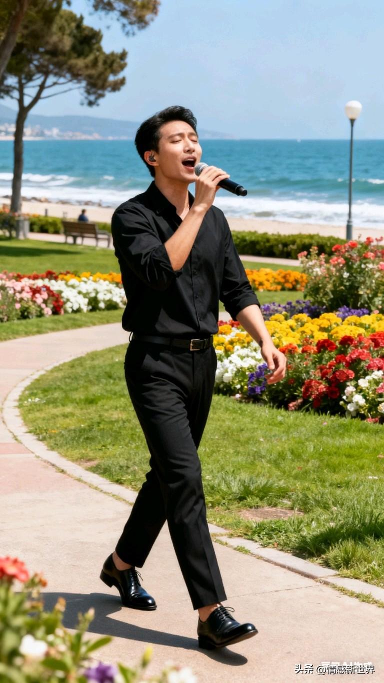 海边的浪漫时光，黑衣少年轻声歌唱海边西装男 街头唱歌男孩