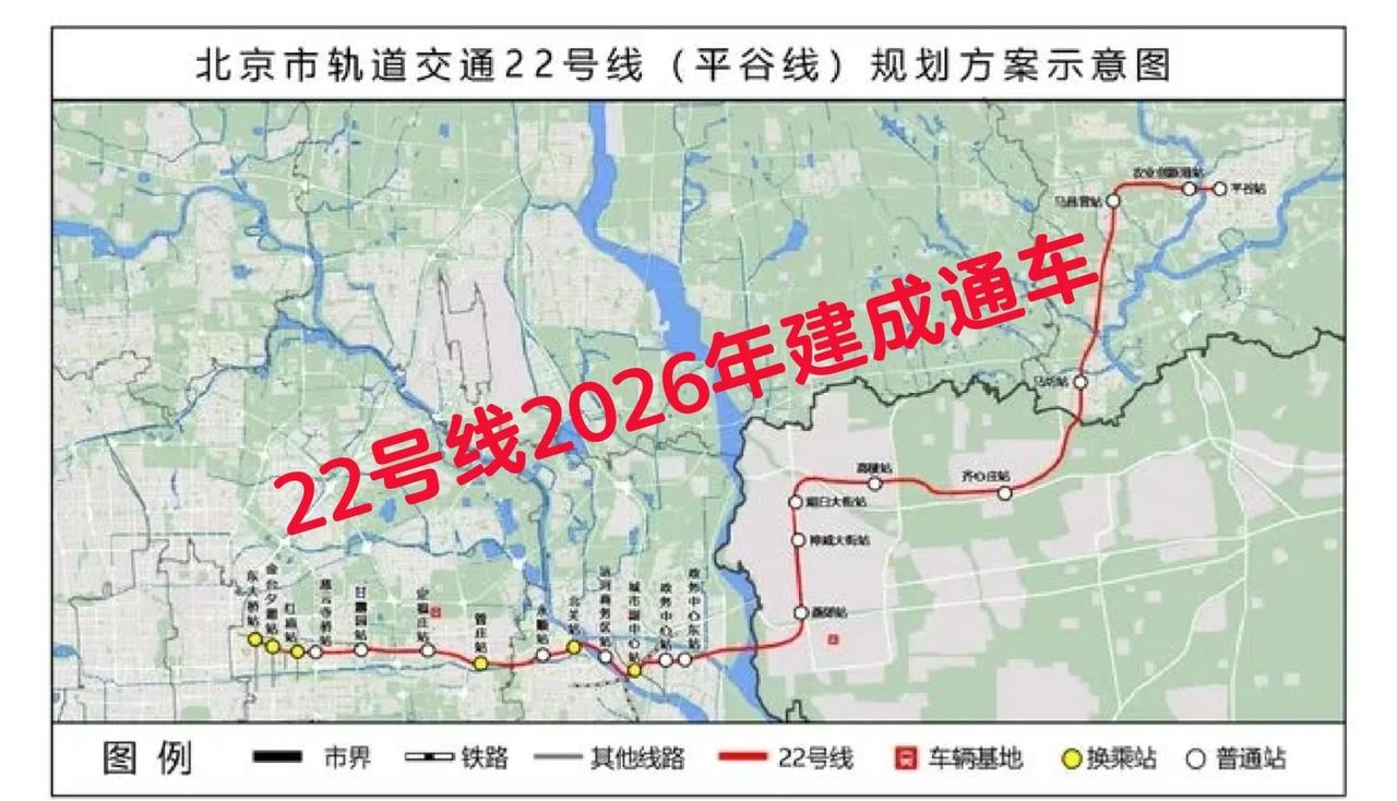 北京22号线预计今年开通

轨道交通22号线（红庙—平谷段）计划于‌2026年年