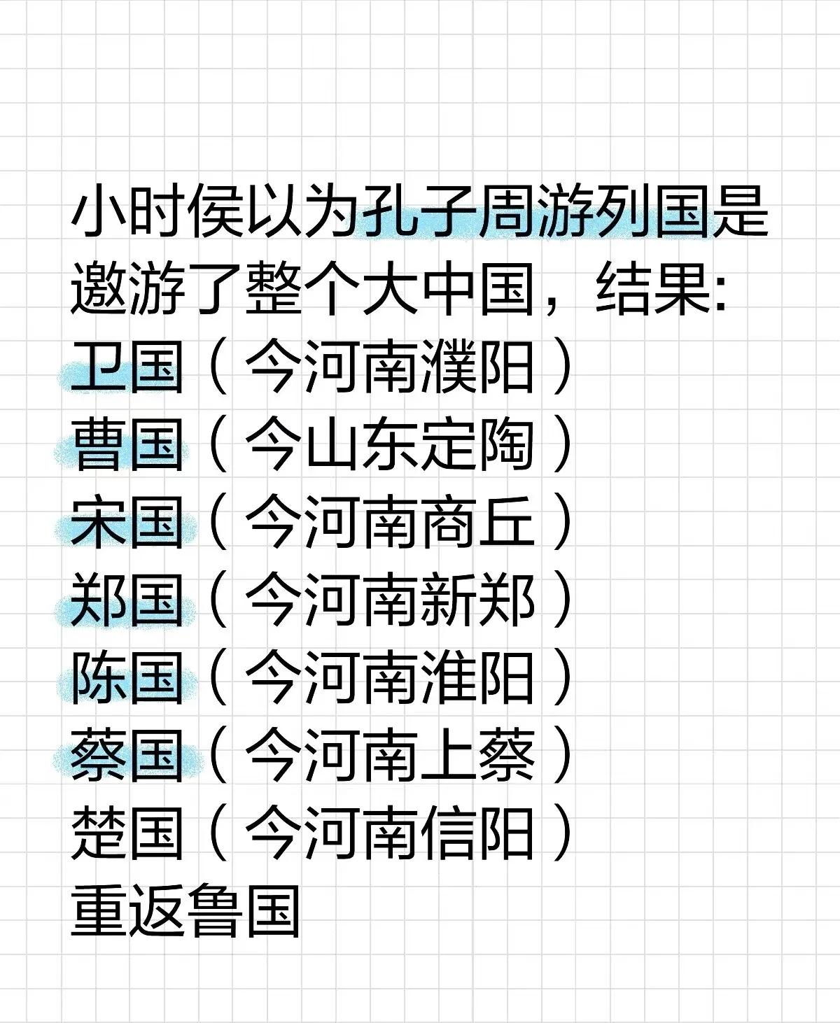 小时侯以为孔子周游列国是邀游了整个大中国，结果:
卫国（今河南濮阳）
曹国（今山