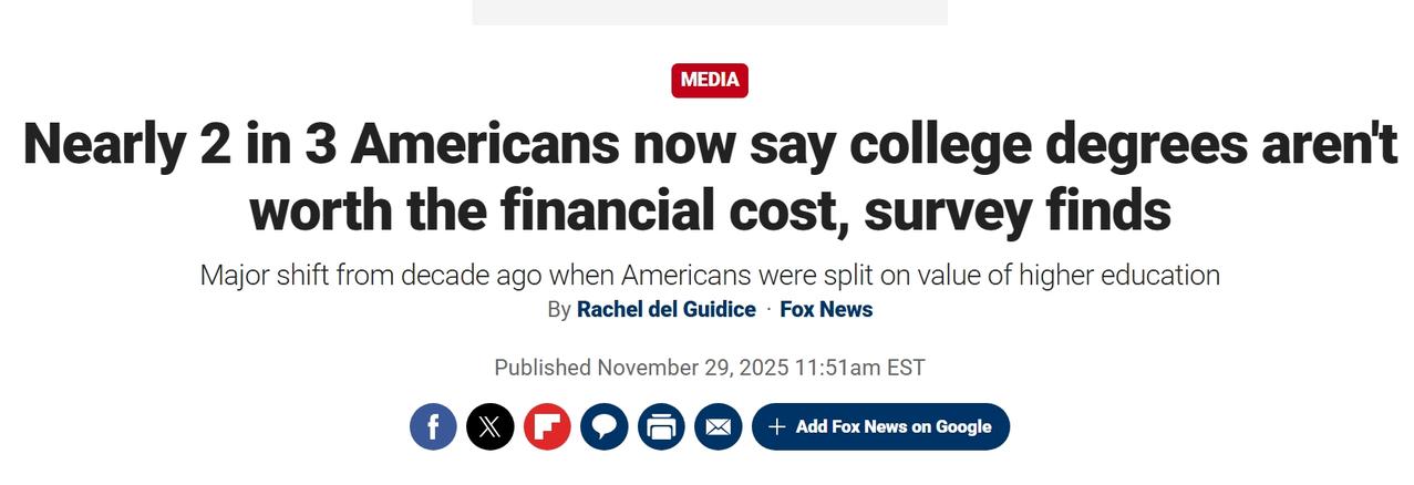 越来越多的美国人认为上大学得不偿失
根据美国全国广播公司（National Br