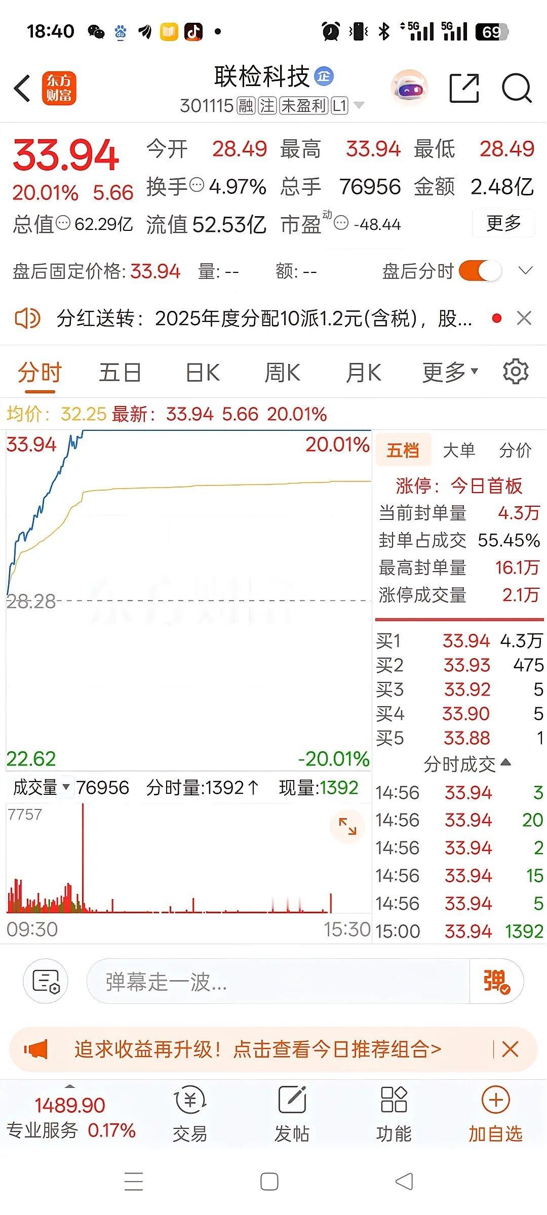 一位江苏老股民，早盘开盘看准时机，在28.49元果断进场拿下2000股联检科技，