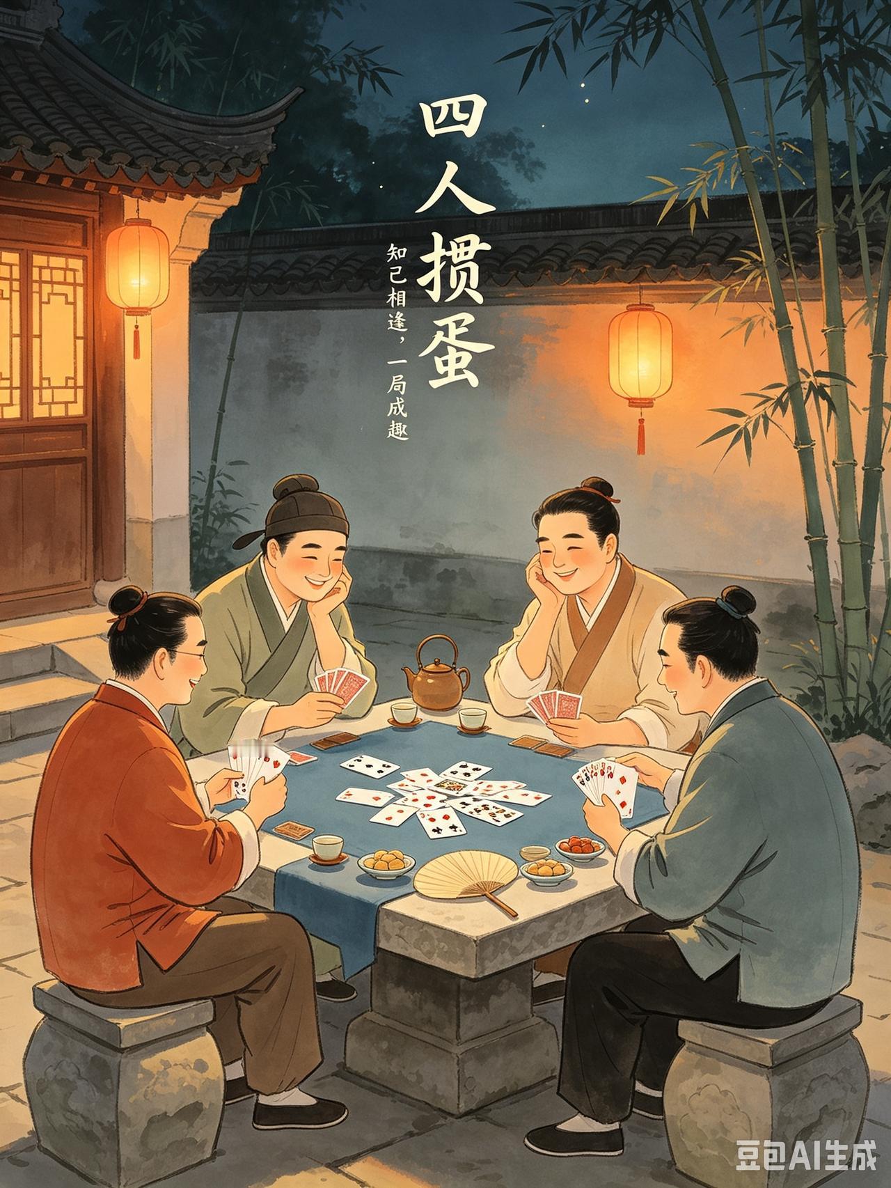 七绝·好友约掼蛋
 
浓阴翠影掩楼台，
小院清幽绝点埃。
闲赴牌筵寻雅趣，
良朋