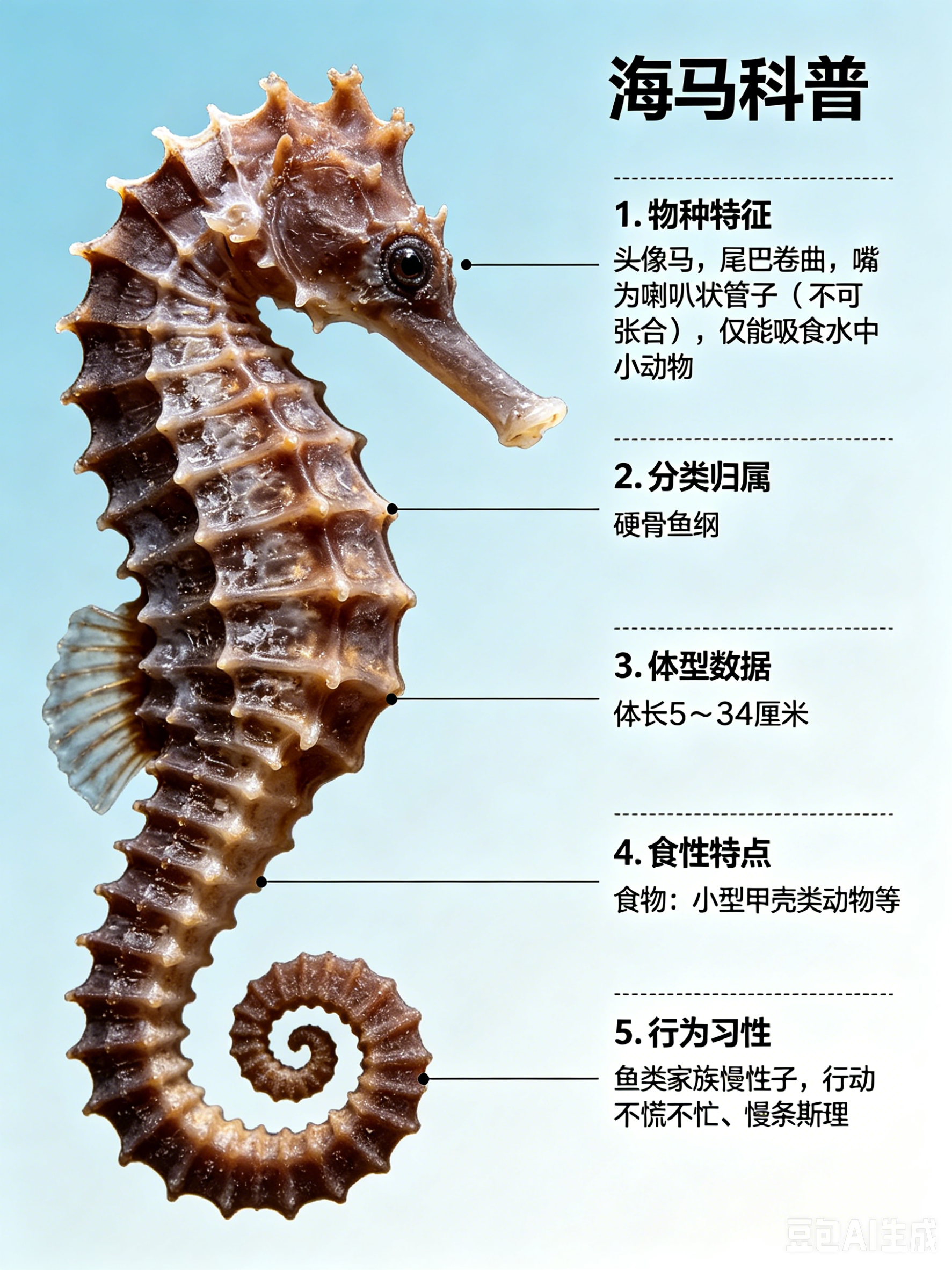 海洋朋友圈 海马海洋档案种　属：硬骨鱼纲体　长：5～34厘米食　物：小型甲壳类动