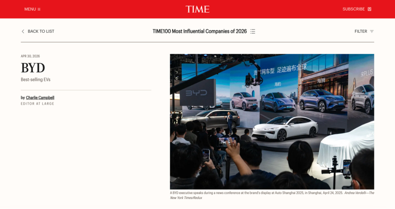 近日，《时代》周刊公布 2026 年全球 100 大最具影响力企业榜单，比亚迪再