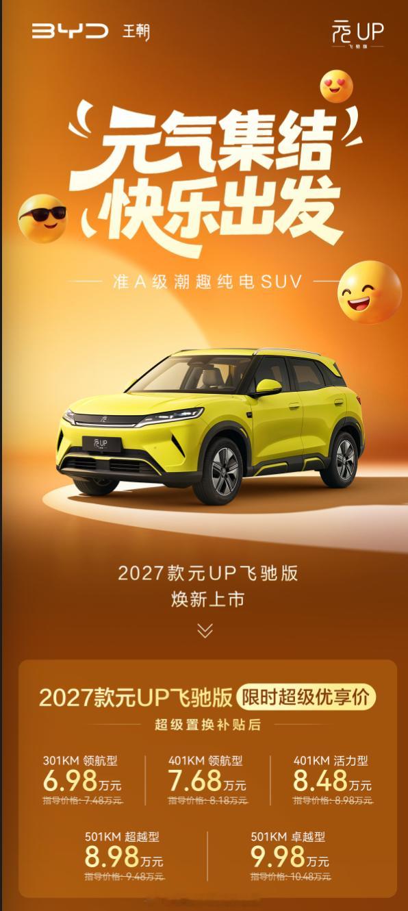 离谱，现在迪厂10w内就能买到501km cltc的SUV——2027款元UP飞