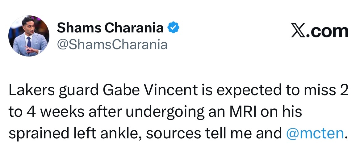Shams：文森特（左脚踝）缺席2-4周！！！！ 开拓者vs湖人 ​​​