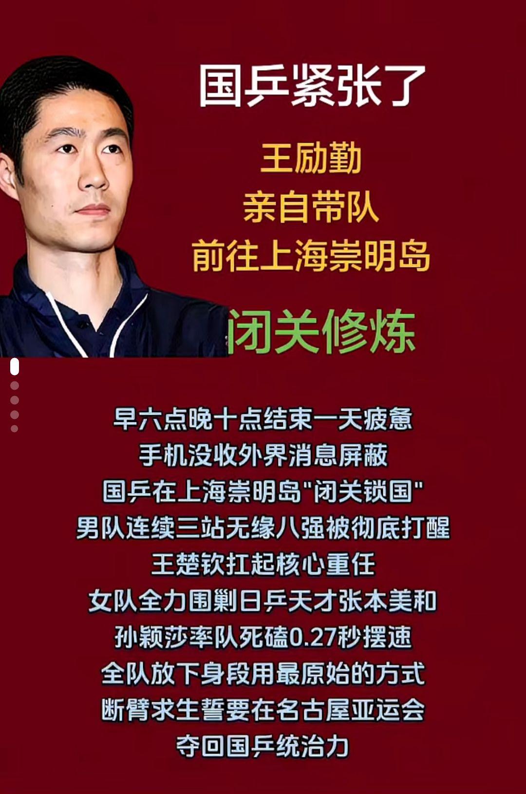 国乒紧张了
王励勤亲自带队
前往上海崇明岛
闭关修炼