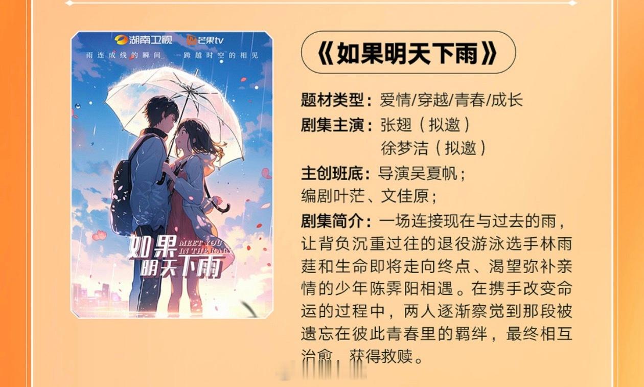 芒果TV短剧《如果明天下雨》主演：张翅、徐梦洁（拟邀）简介：一场连接现在与过去的