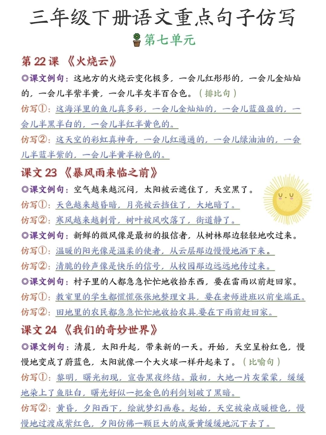 三年级下册语文，第七单元重点句子仿写，收藏复习~三年级语文 语文仿写技巧 仿写重