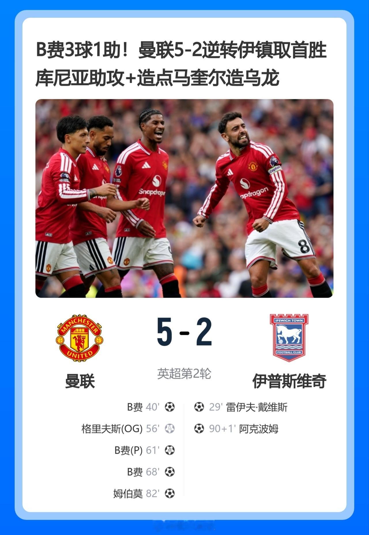 北京单场 B费3球1助！曼联5-2逆转伊镇取首胜 库尼亚助攻+造点马奎尔造乌龙北