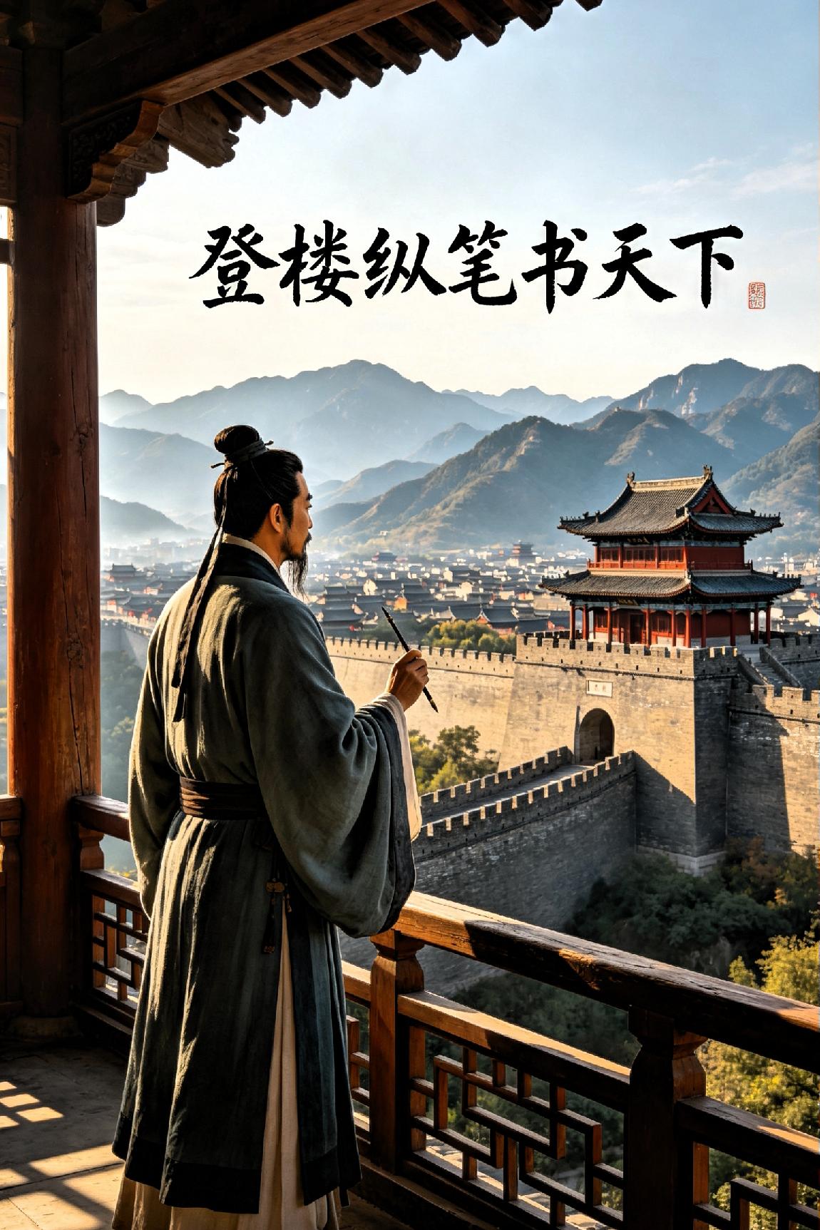 登楼纵笔书天下
 
（七言律诗）

 
独上层楼望九州，长风万里拂衣裘。

胸藏