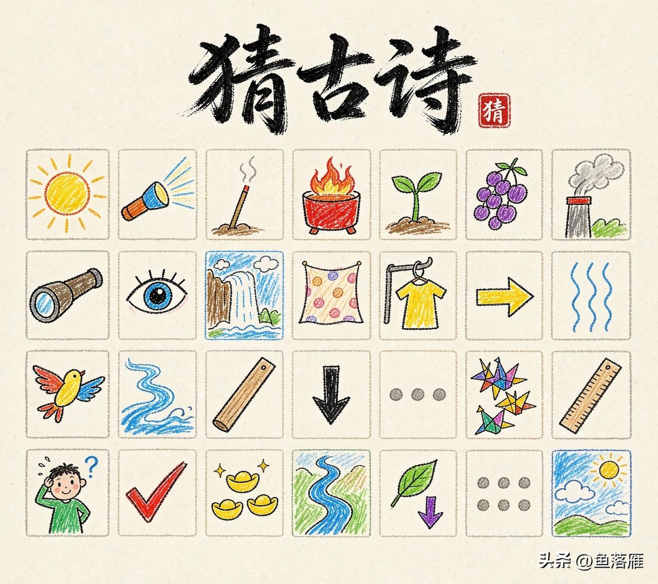 看图猜古诗。
这里一共有二十八幅图画
每一幅图画对应一个汉字
看谁能猜出来这究竟