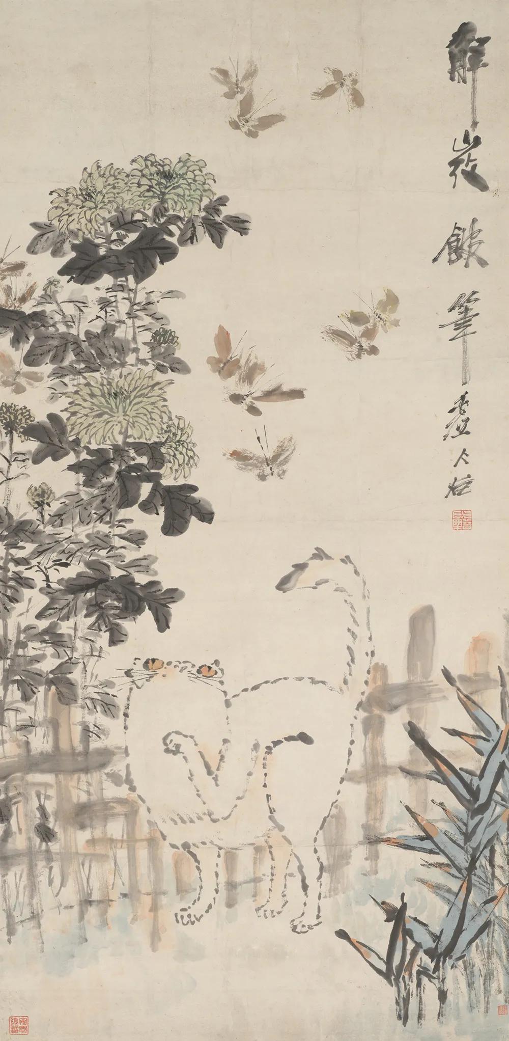 名画欣赏：清 虚谷《蝶猫图》
纵134厘米 横65.4厘米 
美国大都会艺术博物