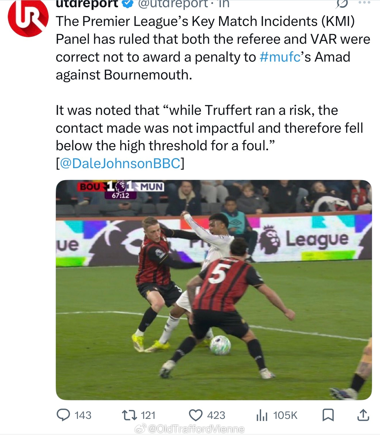 英超赛事调查委员会认为曼联对阵伯恩茅斯的比赛中没有判给点球的决定是正确的，给出的