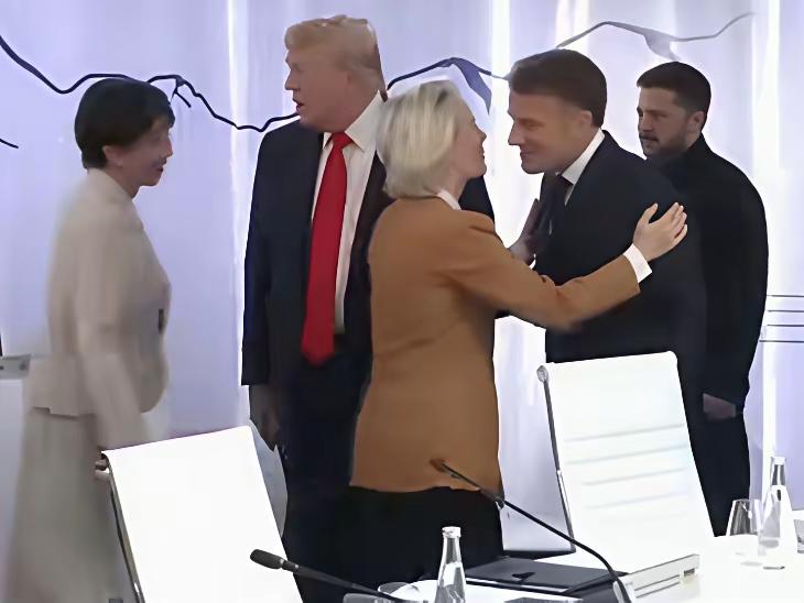 G7峰会公开握手环节中，现场画面显示特朗普突然转身，背对泽连斯基，选择与欧盟委员