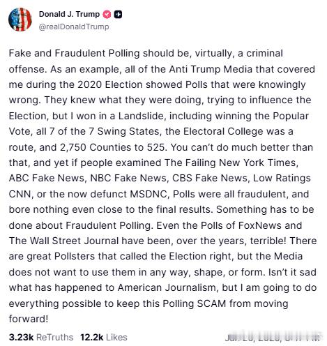 【黄金时代】川普再次感慨，虚假和欺诈性民调实际上应该被视为刑事犯罪。举个例子，2