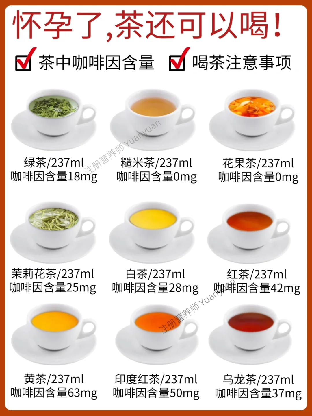 【孕期喝茶】常见茶和茶饮料咖啡因含量