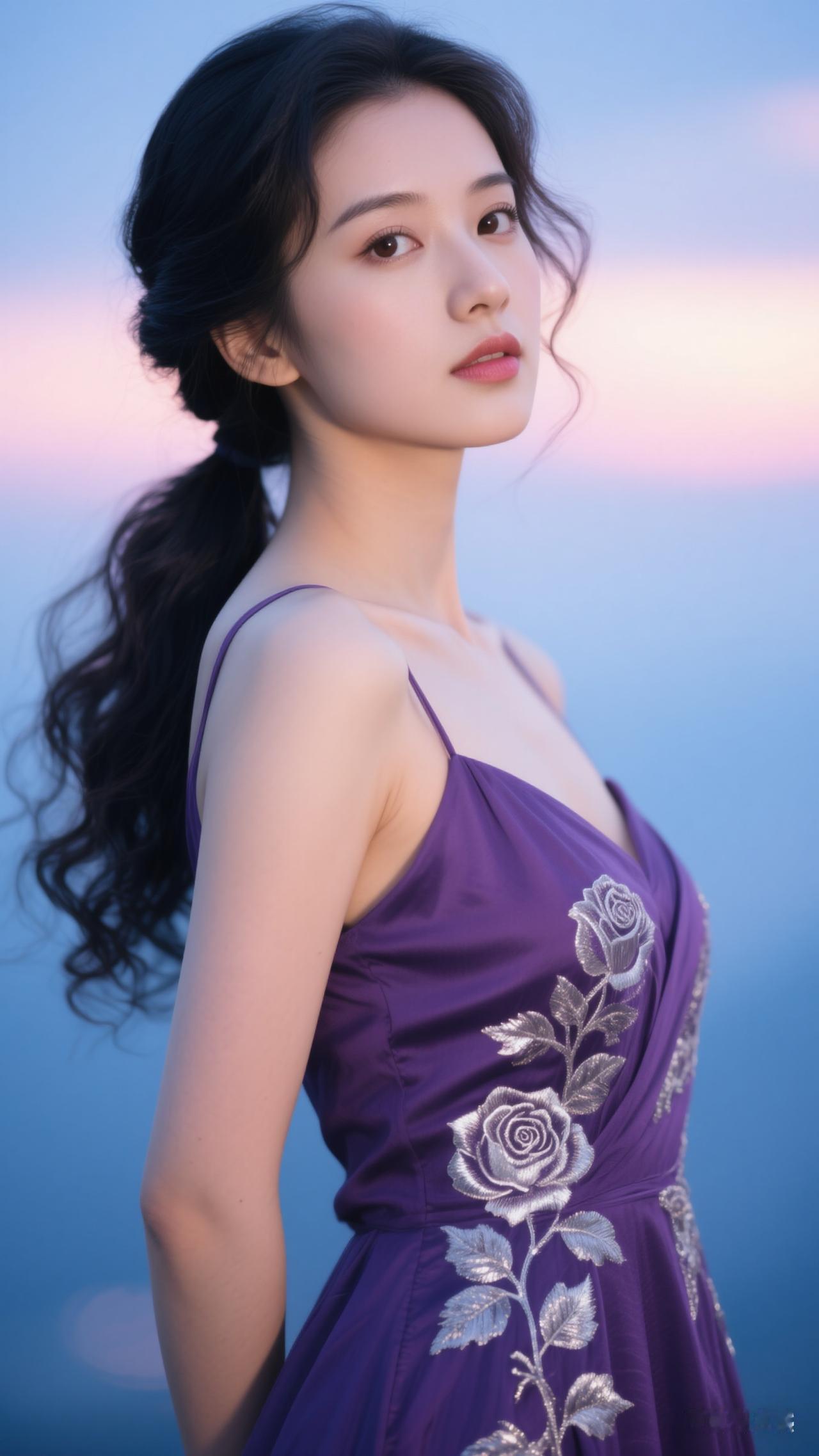 年轻中国女性身姿动人，着暗紫鎏银玫瑰长裙，羊脂玉般肌肤晶莹。乌黑卷发侧挽胸前，妆
