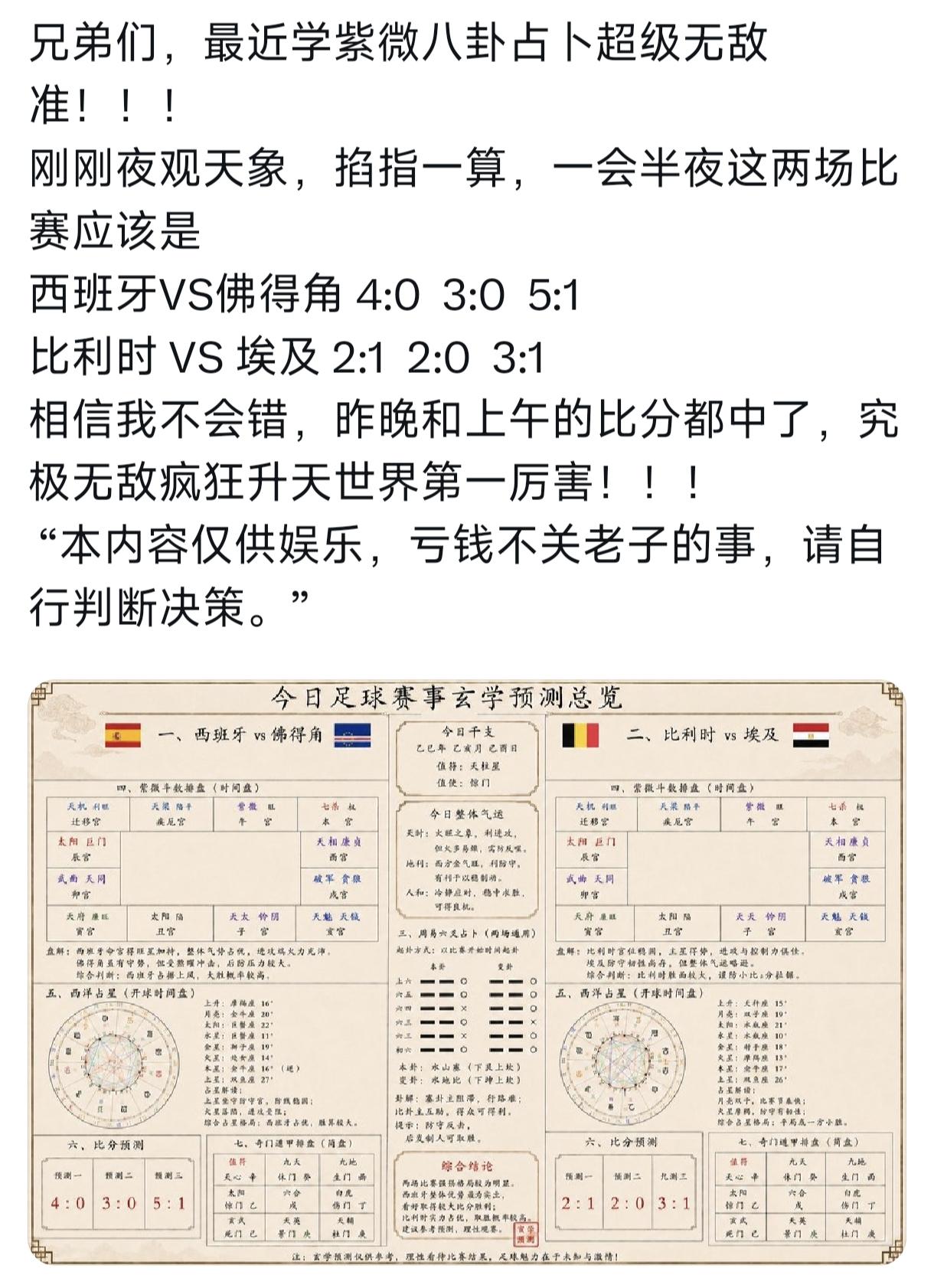 以前世界杯猜球赛用的是经验，
之前用大数据分析，
今年不得了，紫薇占卜术都出来了