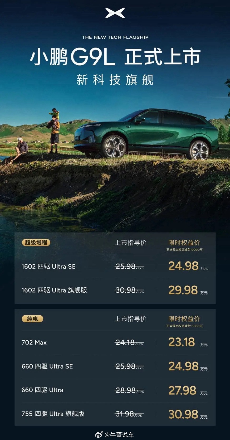 小鹏G9L，除了入门款两驱，其他都四驱，限时起步价24.98万元起，并且带智驾价