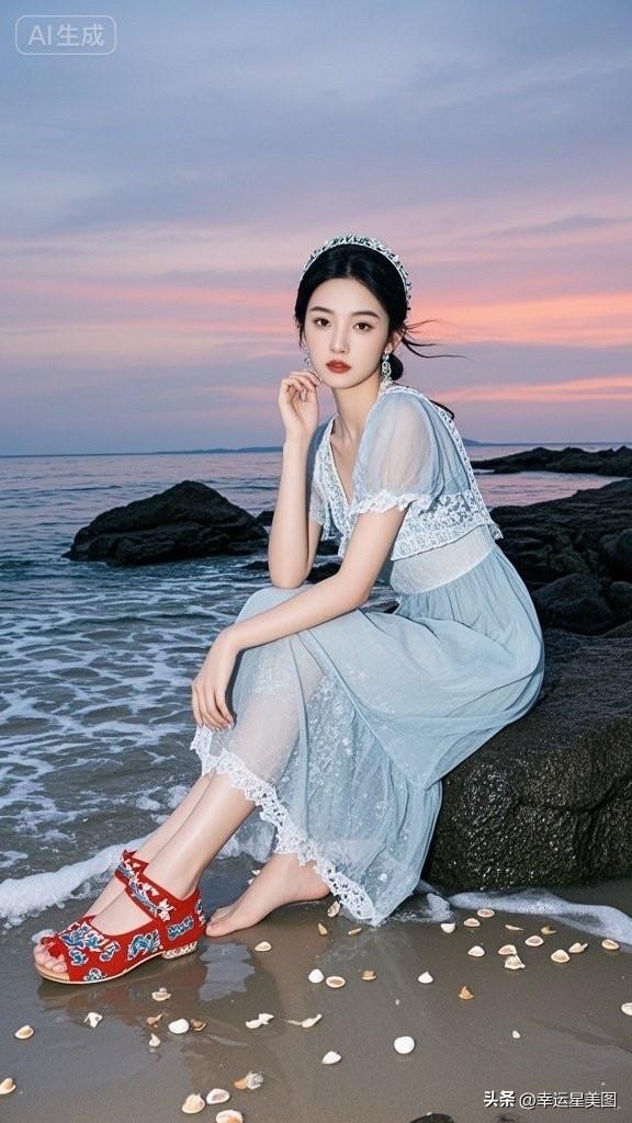 海边轻纱飘逸，少女如梦似幻