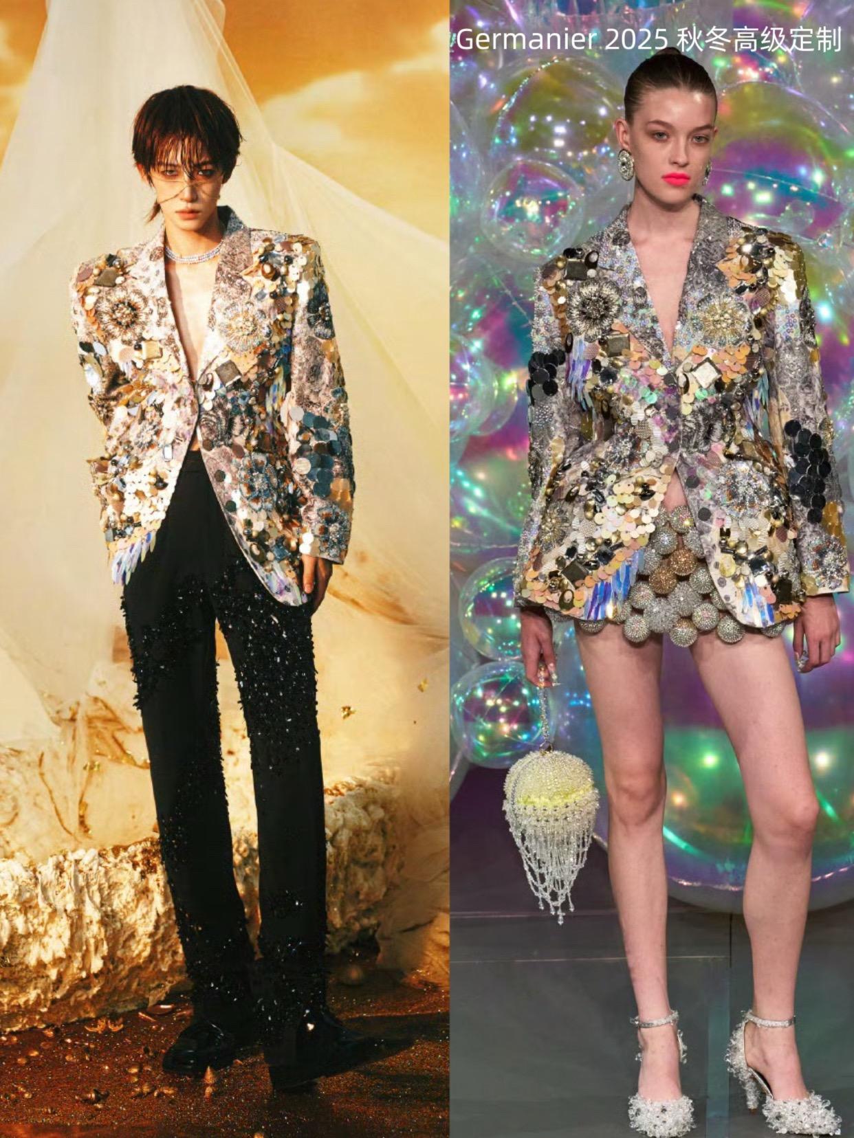 ELLE风尚大典明星造型。杨幂的银纱鱼尾礼服被形容为“揉碎星光的海浪诗...