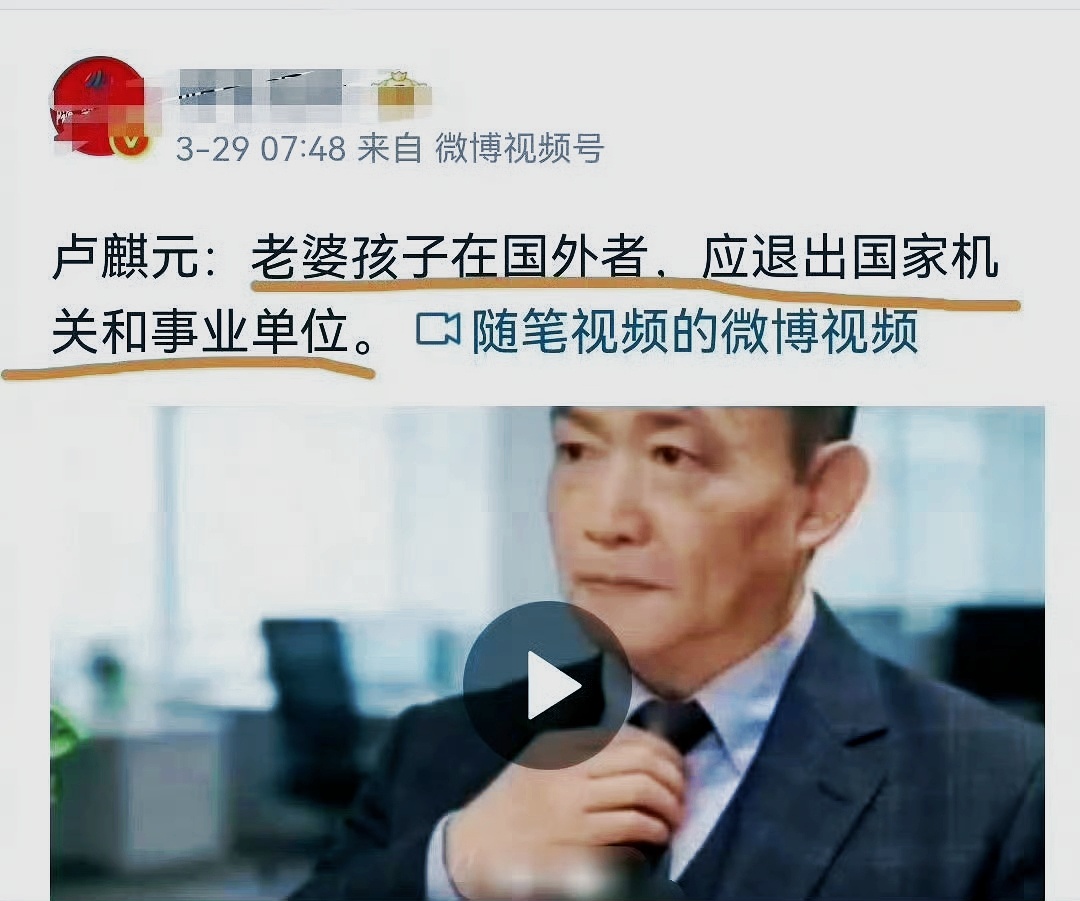 卢麒元提出，配偶、子女定居海外的人员应当退出国家机关与事业单位，对此大家是否认同