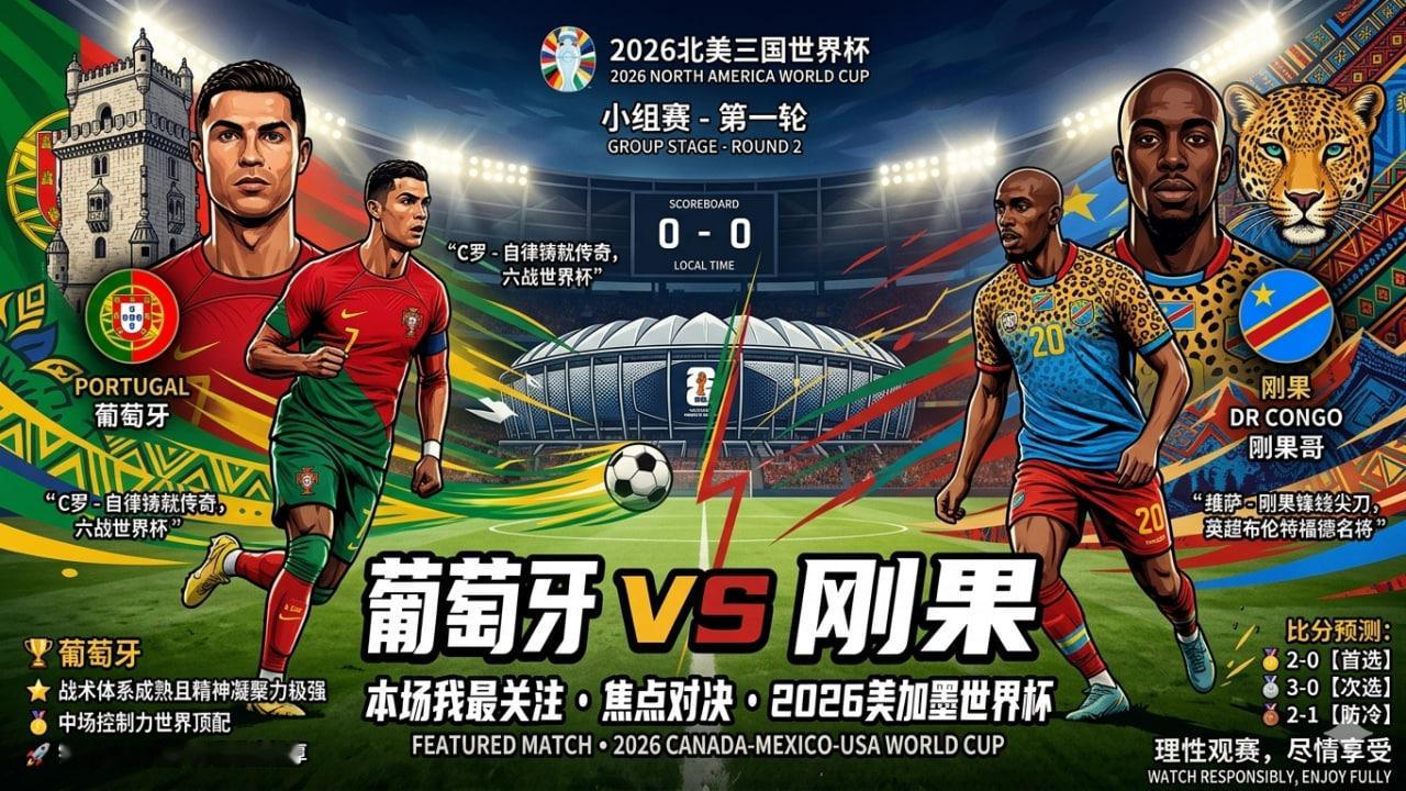 2026世界杯 C罗第六届世界杯首秀 葡萄牙vs刚果金 诸神黄昏，传奇再启航！4