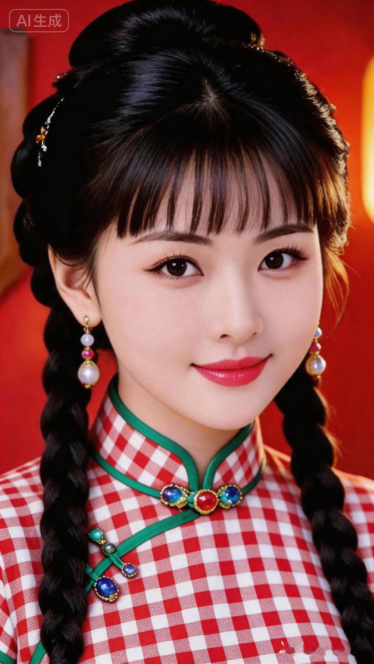 古典优雅，红白相间的旗袍，搭配精致的妆容和发饰，尽显东方女性的魅力。