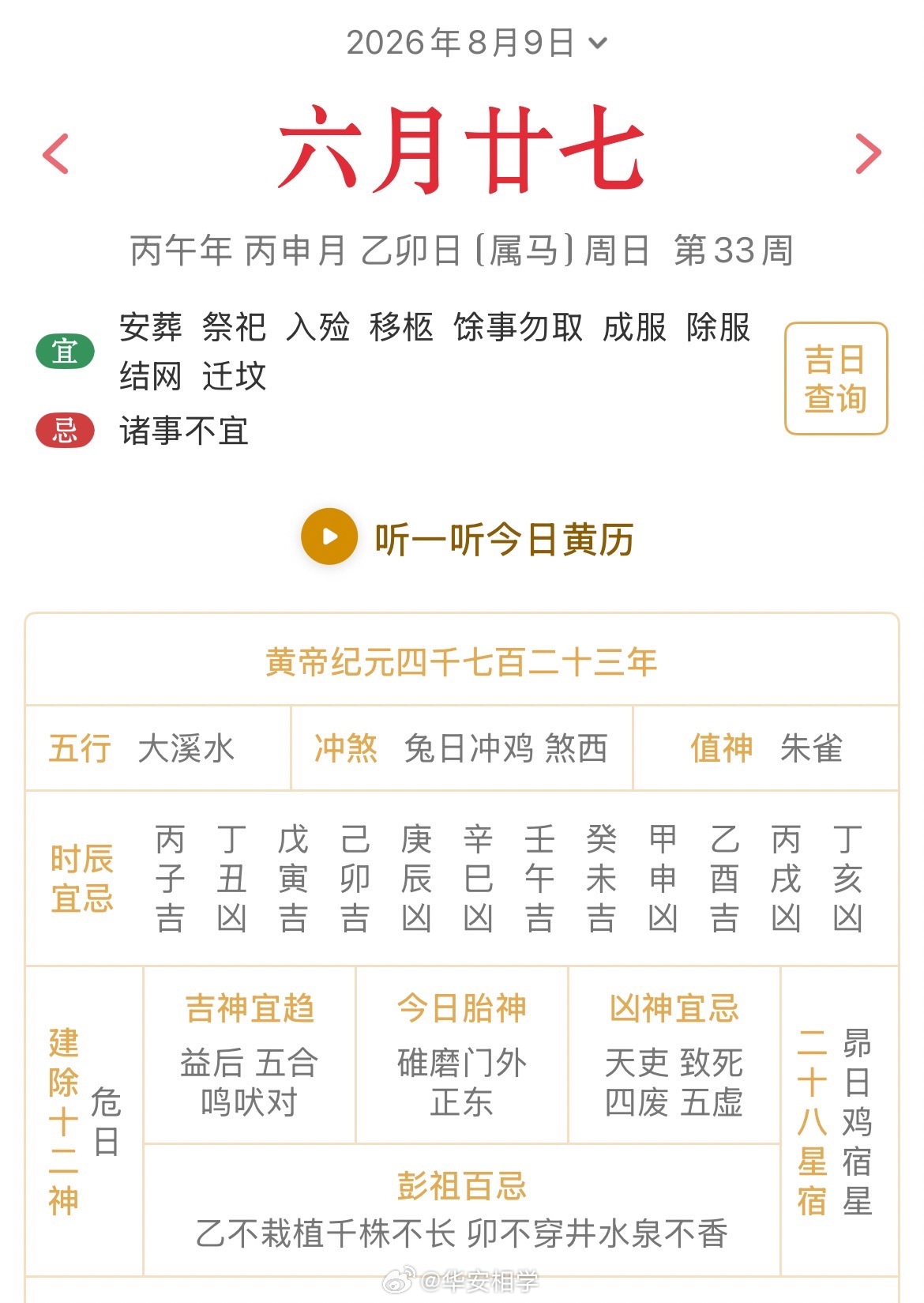 十二生肖每日简运 仅供参考2026.8.9丙午年丙申月乙卯日乙卯天克地冲己酉：八