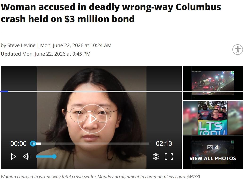 在美中国留学生抢车逆行撞死1人! 保释金$300万 ，律师称其"精神失常"

当