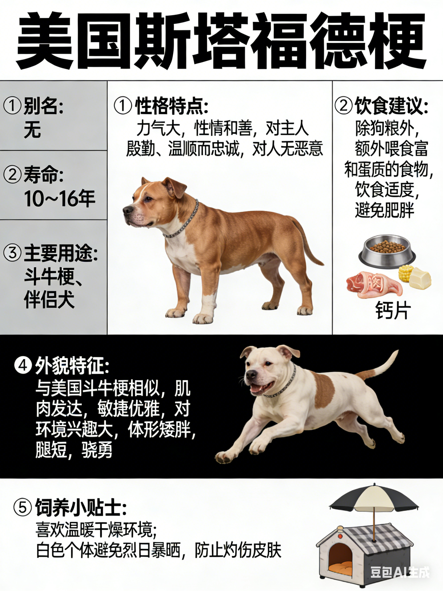 我AI的动物 美国斯塔福德梗别名：无寿命：10～16年主要用途：斗牛梗、伴侣犬美