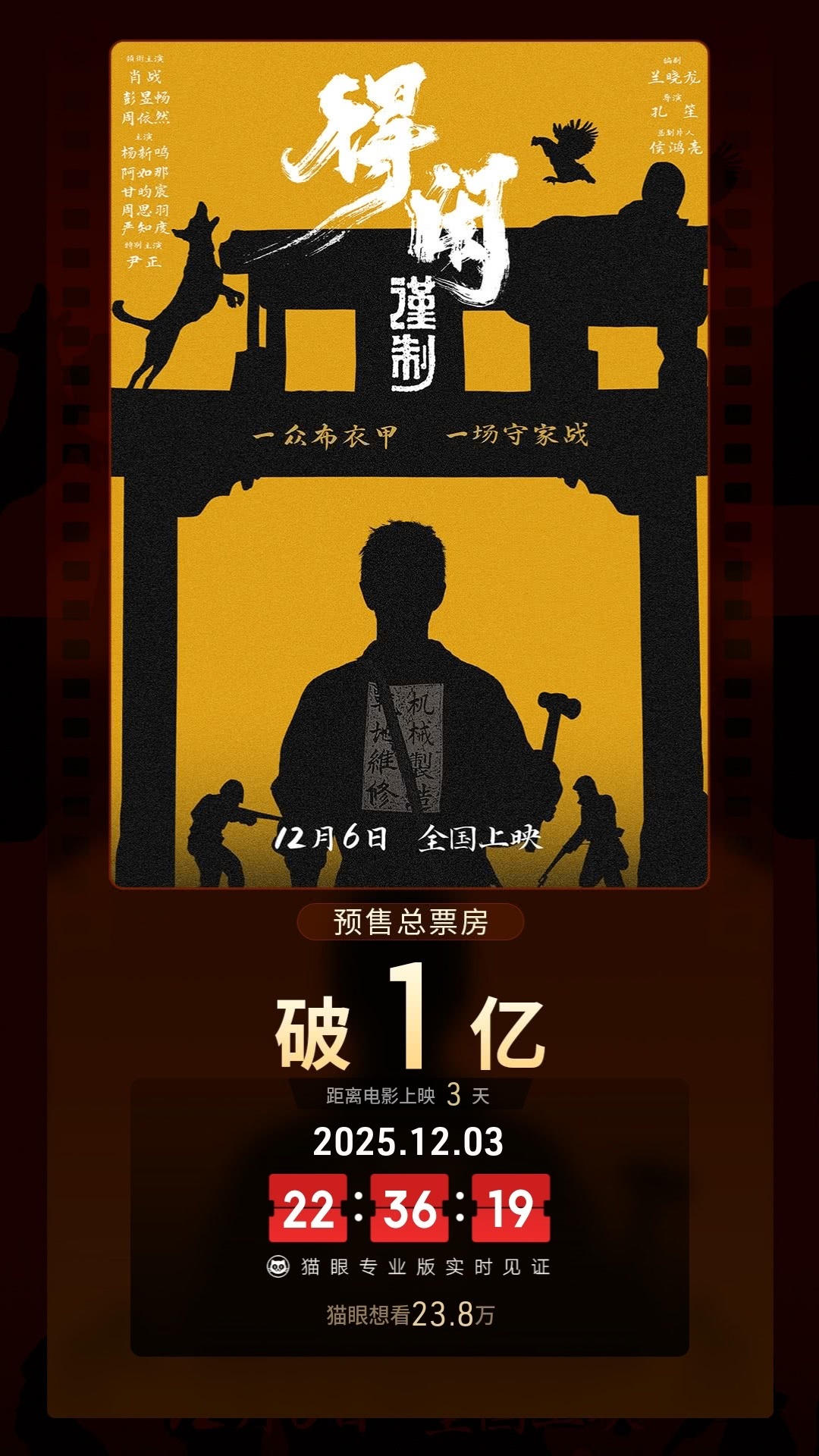 得闲谨制预售票房超1亿  据猫眼专业版数据，电影《得闲谨制》映前3天， 预售总票