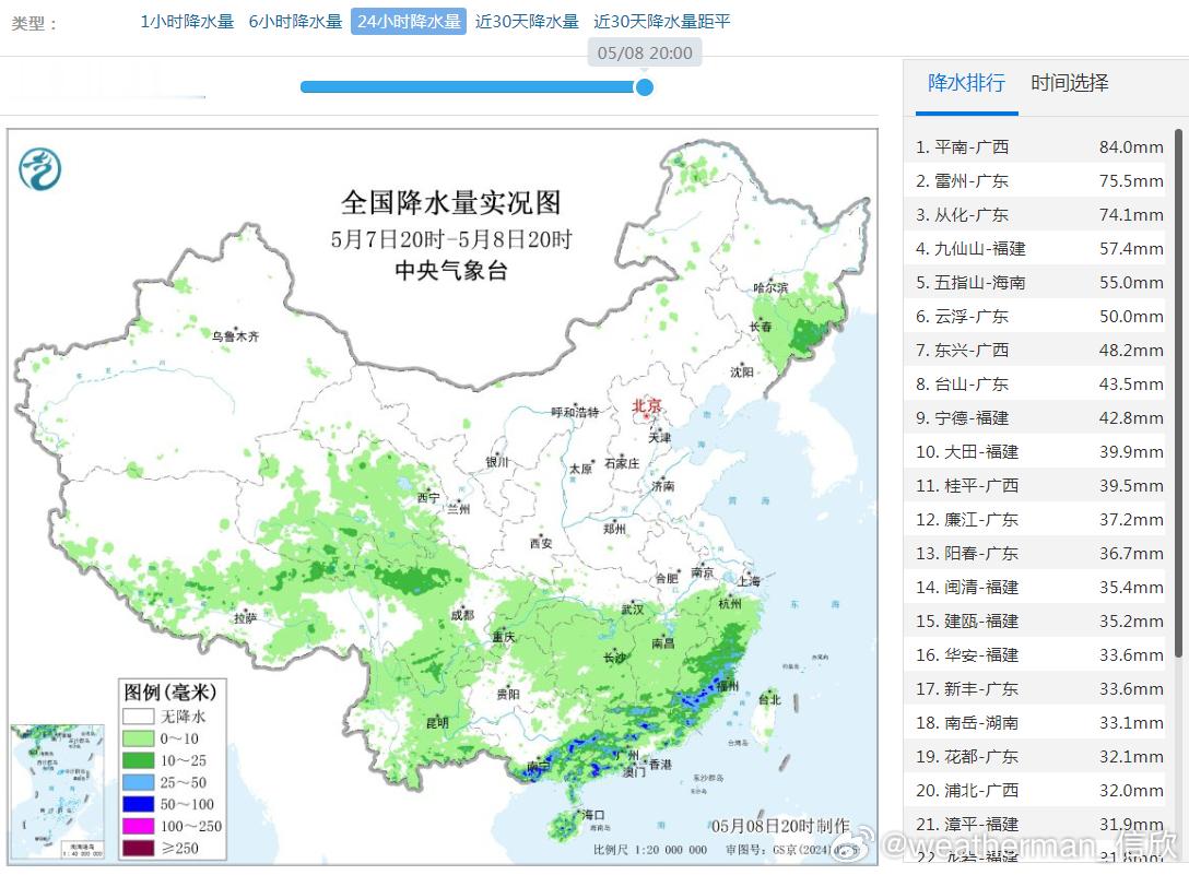 【降水】昨晚到今天，南方降雨在大面上减弱，但是部分地区的小尺度对流强度大，福建广