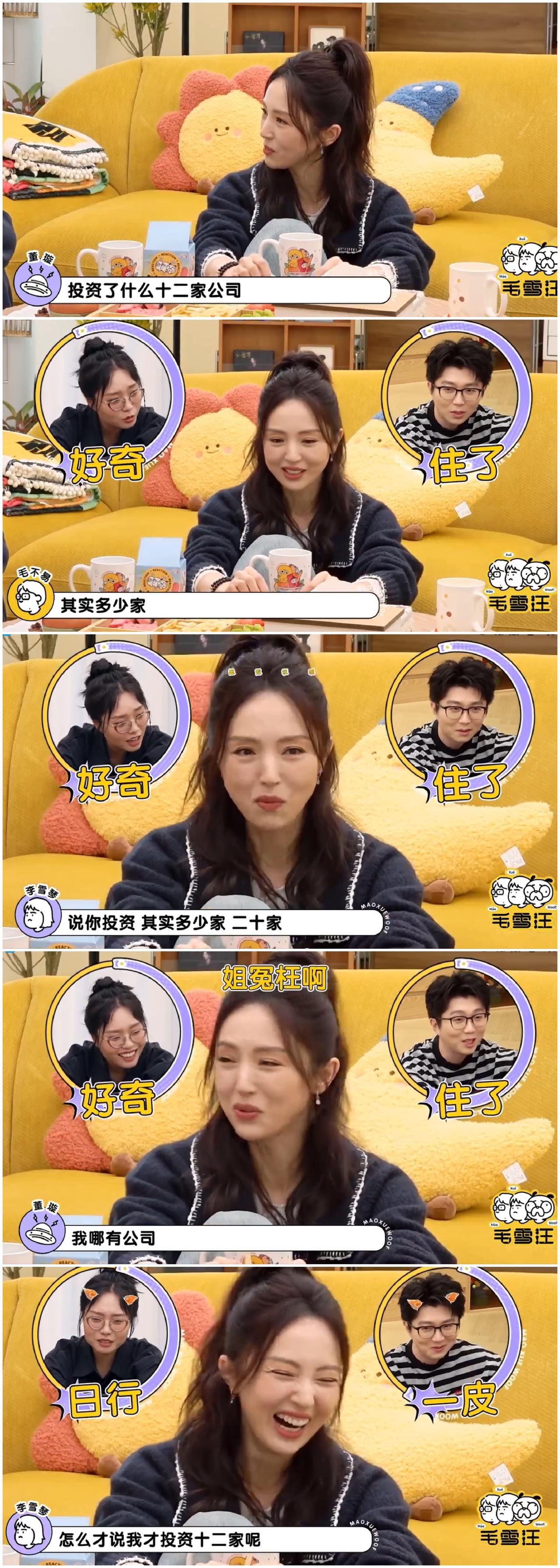 李雪琴，毛不易好奇董璇是否投资二十家公司，
董璇急得赶紧
各种解释。

董璇和老