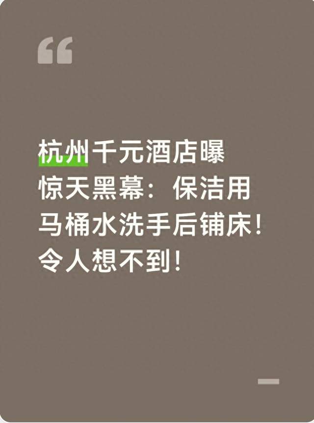 杭州千元酒店曝惊天黑幕：保洁用马桶水洗手后铺床！令人想不到！