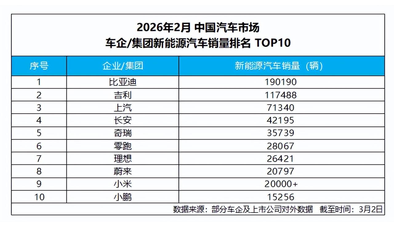 2026 年开年，国内新能源汽车竞争格局明朗，比亚迪持续领跑行业。2 月比亚迪新